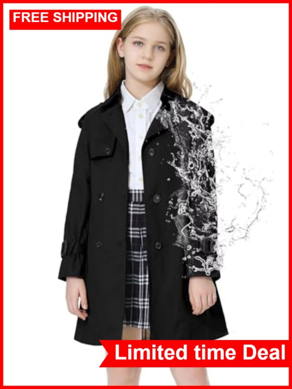 Girls Double Breasted Trench Coat Water Resistant Long Sleeve Outerwear